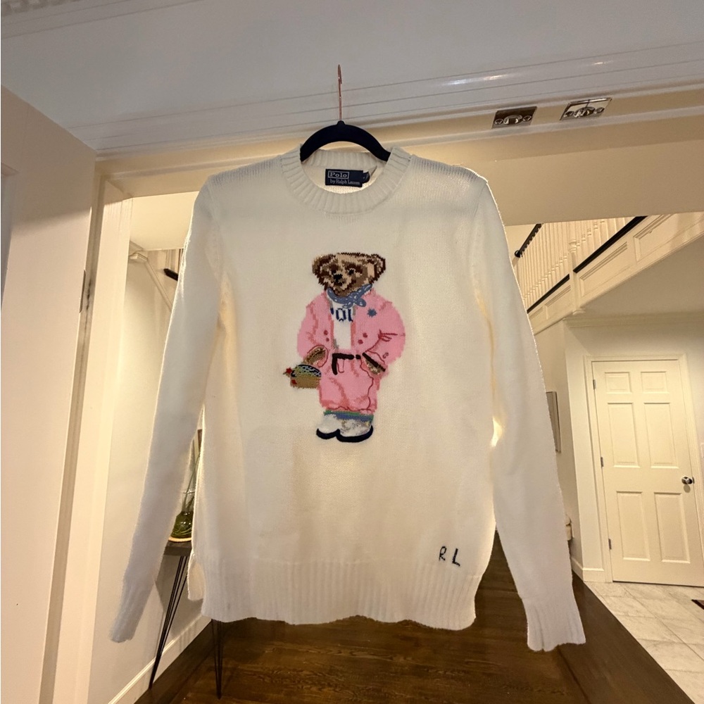 Ralph Lauren Cream Crewneck Sweater with Pink Bear Intarsia